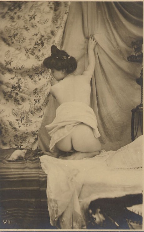 голая попка на кровати с крысой, фото голой девушки, ретро фото
