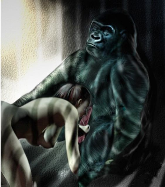 эротика с персонажами мультяшных животных, женщина в джунглях ищет контакт с большой гориллой, животный секс рисованный, рисунок