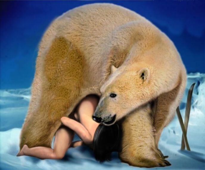 рисунок голая женщина спряталась под животом полярного медведя.