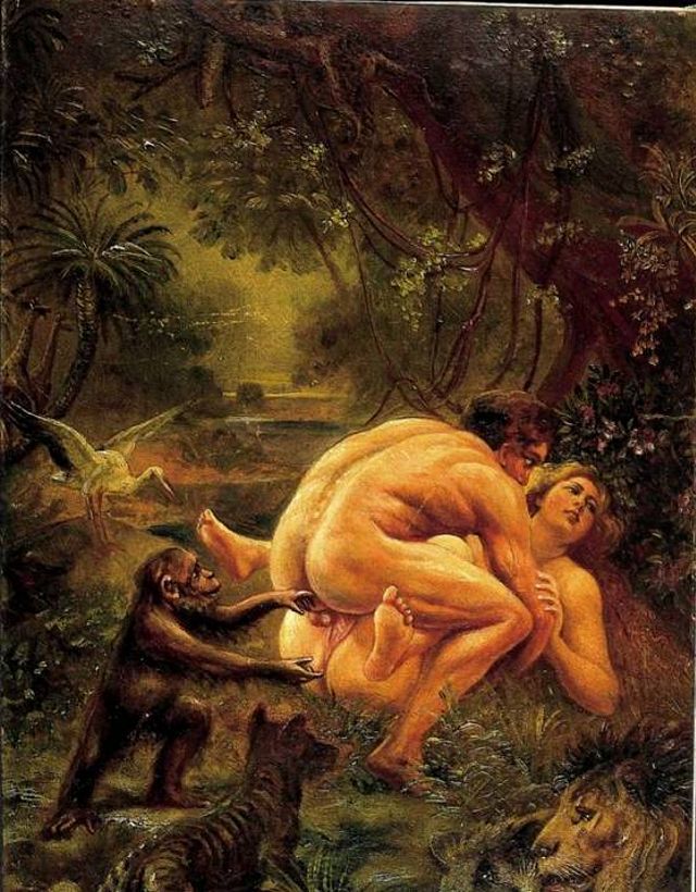 секс мужчины с толстой голой теткой в джунглях среди животных, одна из первых иллюстраций к Тарзану, порно рисунок, порно графика, фото