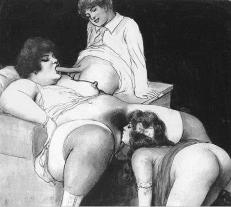 толстая тетка делает минет парню пока ей вылизывают вульву, картинка с эротическим рисунком