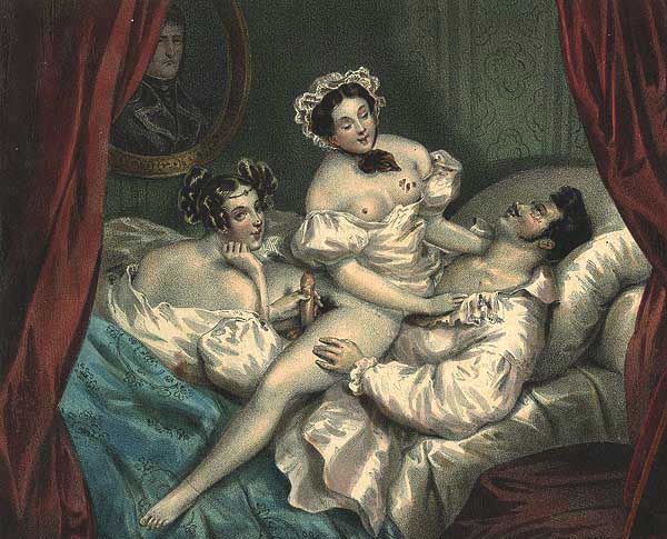 две барышни соседки развлекают молодого дворянина сексом, эротическая гравюра