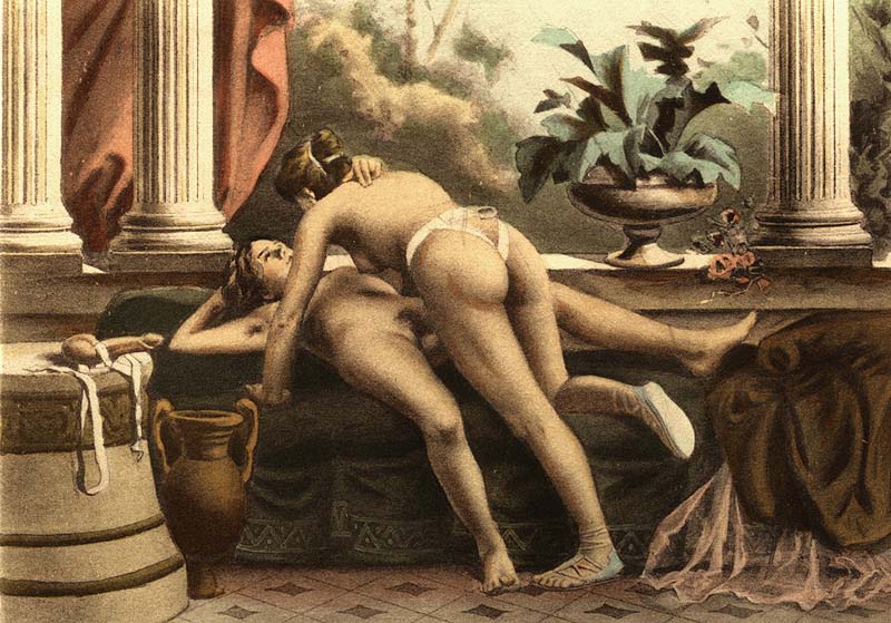 лесбийский секс с древними страпонами, эротическая гравюра