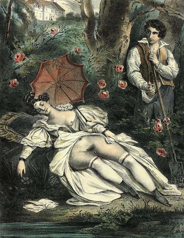 Садовник мастурбирует глядя на обнаженную спящую госпожу, эротическая гравюра