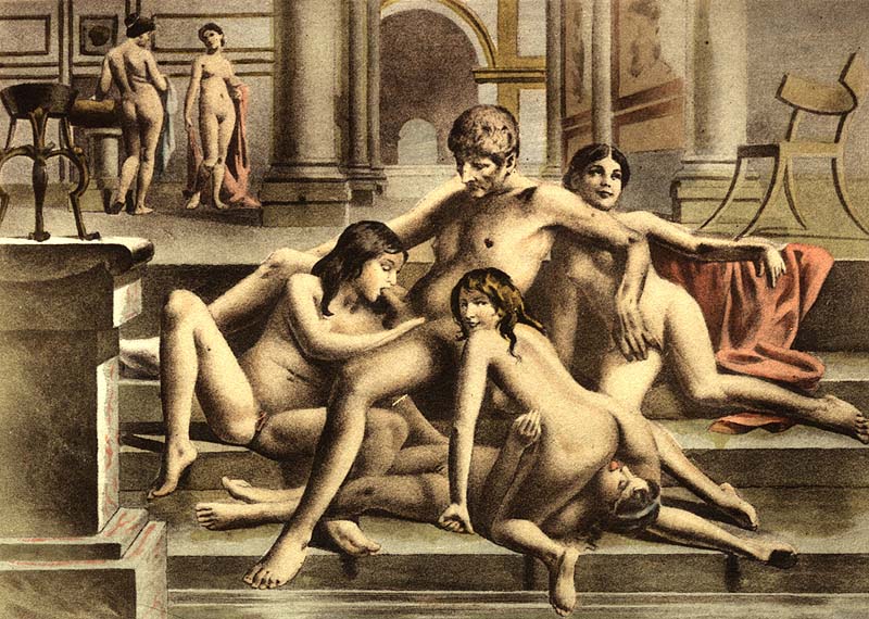 оргия мужчины с шестью голыми девушками, эротическая гравюра