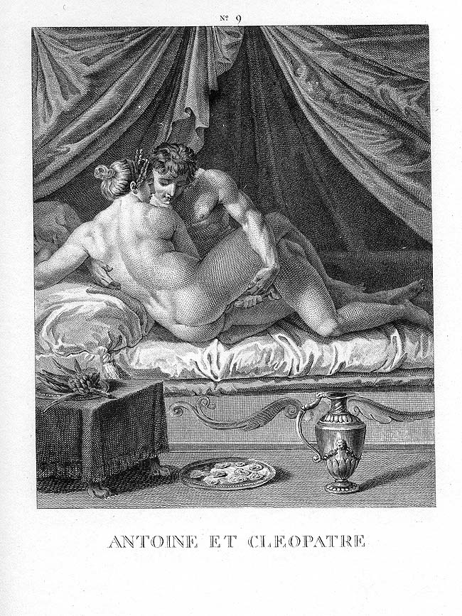 Секс Клеоптры которой вставляют огромный член в позе на боку, эротическая гравюра
