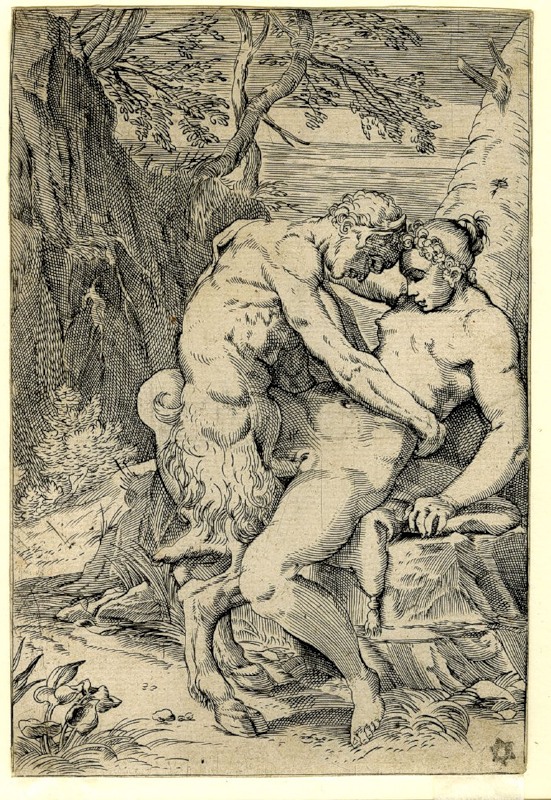 секс сатира вставляющего свой член во влагалище женщины, эротическая гравюра