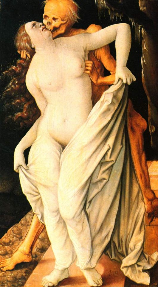 жестокий секс, гуро, поцелуй толстой голой женщины с костлявым зомби на старинной картине, рисунок бдсм, эрогуро