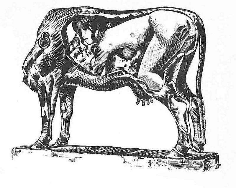 голая Пасифая в муляже коровы перед сексом с быком