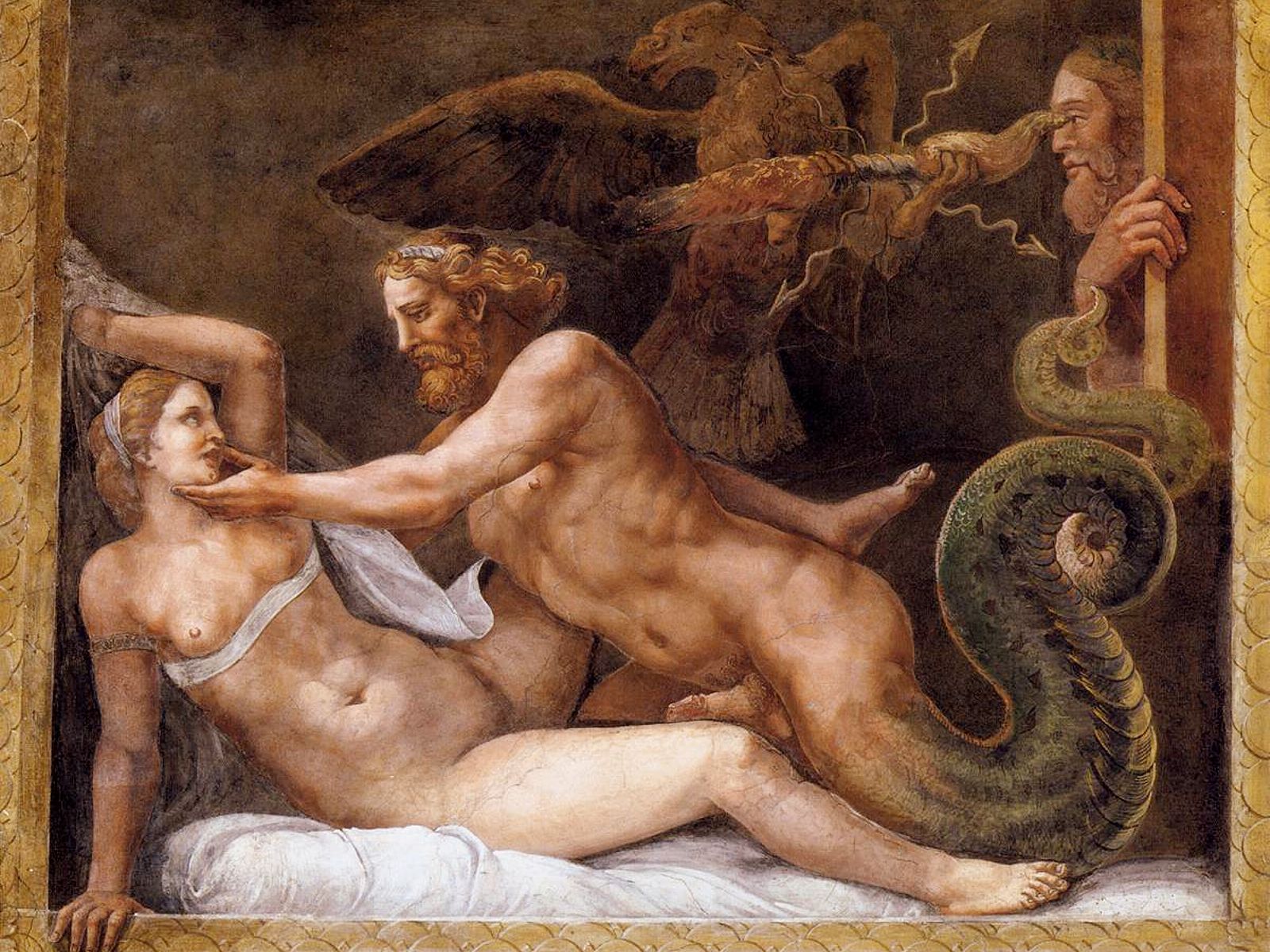 Зевс в образе Змея с хвостом и большим членом совращает Олимпиаду
