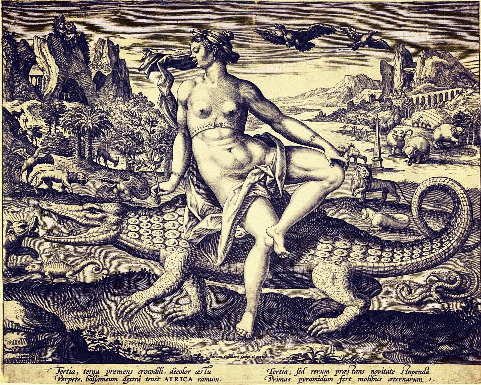 гравюра изображающая обнаженную богиню на своем крокодиле