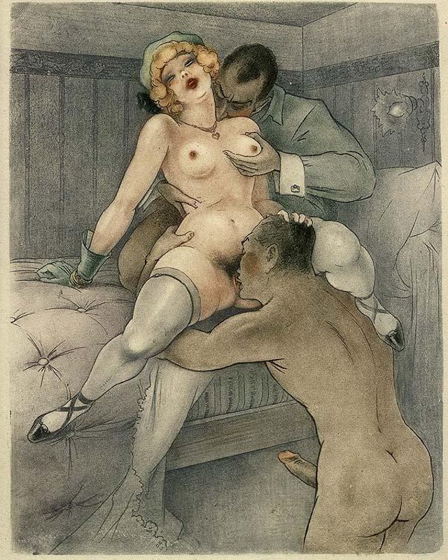 двое мужчин ласкают полную девушку в остатках наряда 30-х годов прошлого века, рисунок толстой женщины