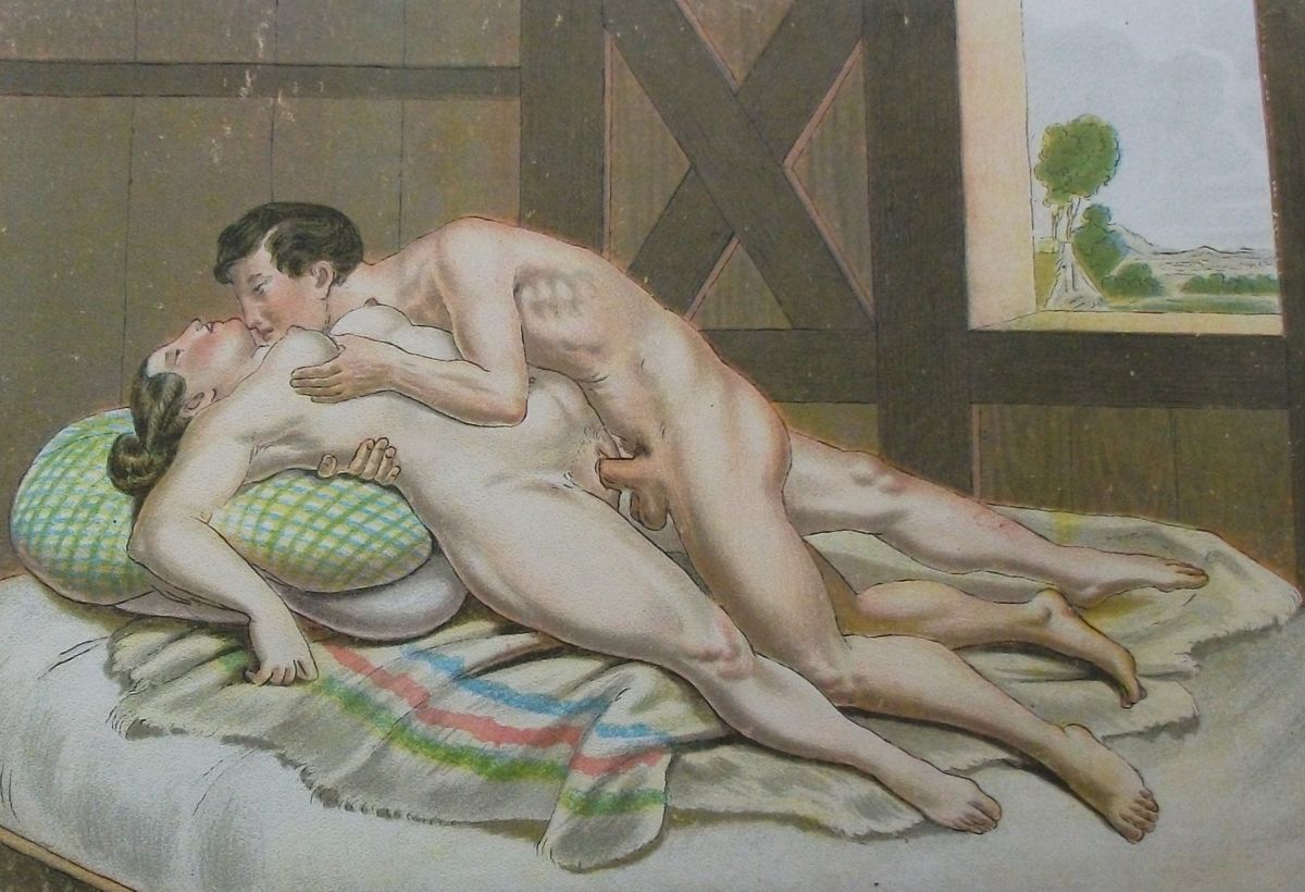 мужчина тискает за грудь толстую любовницу, вставив член в ее очень высоко расположенную вульву, рисунок толстой женщины
