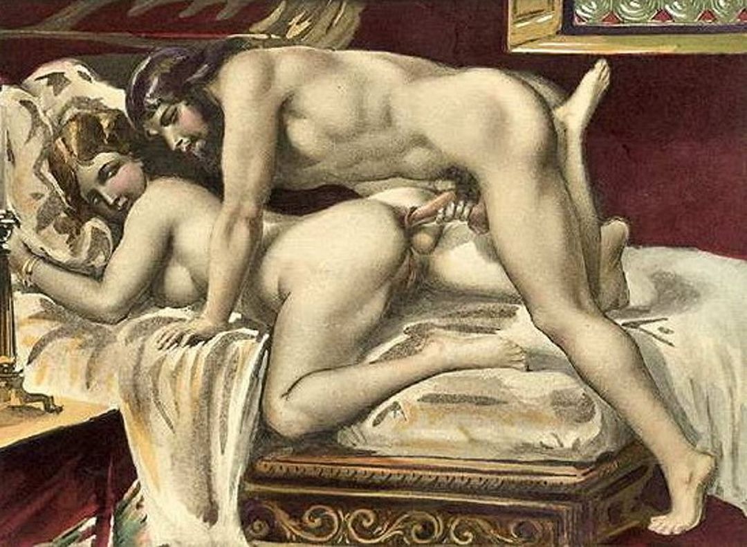 старинная гравюра с анальным сексом лежащей на животе полной женщины и бородатого мужчины, рисунок толстой женщины