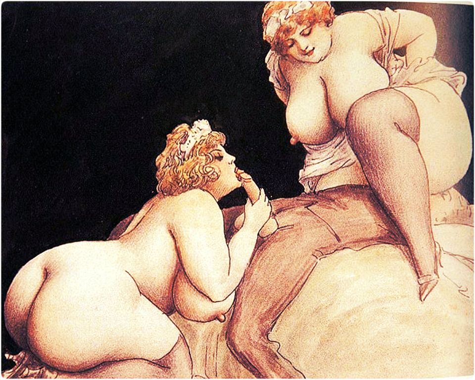секс полные, две полных дамы голышом устроились на лице и пенисе худенького мужчины, рисунок толстой женщины