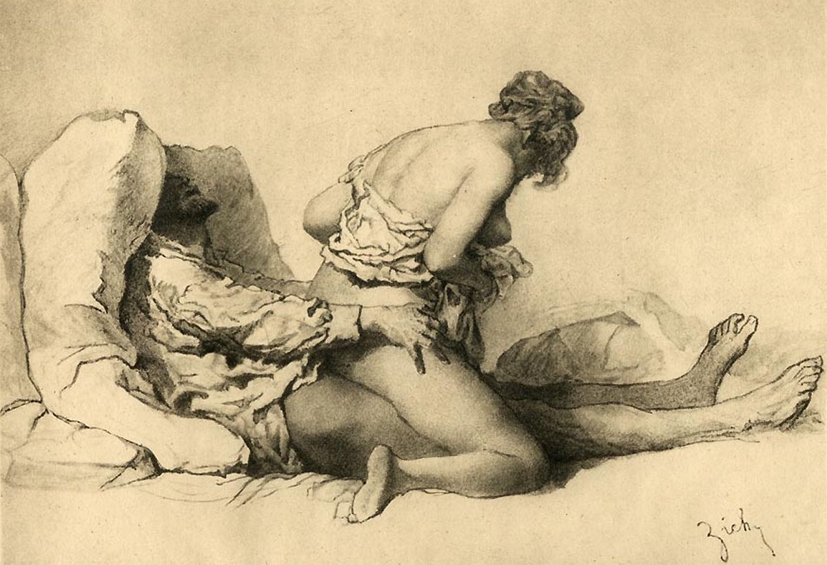 толстая женщина в задранной ночнушке сидит на члене бородатого мужика в позе обратной наездницы, рисунок секса толстой