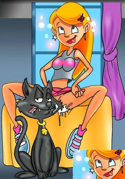 эротика с персонажами мультяшных животных, юная чародейка после куннилингуса с котом, рисунок