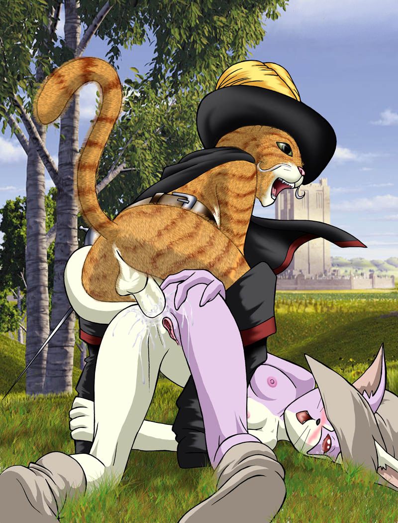 эротика с персонажами мультяшных животных, Кот в сапогах жестко трахает в зад мульт героиню, рисунок