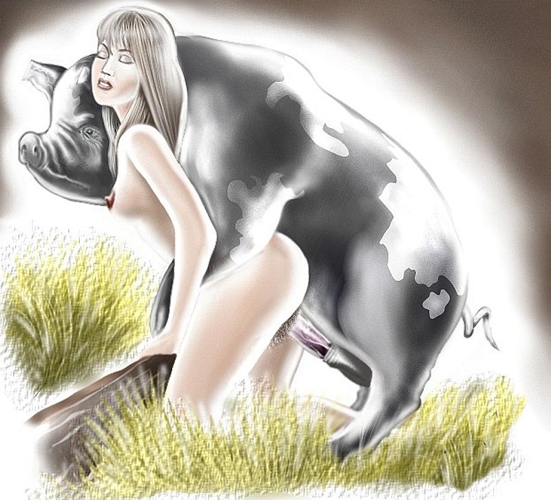 эротика с персонажами мультяшных животных, голая свинарка и боров возле кормушки, животный секс рисованный, рисунок