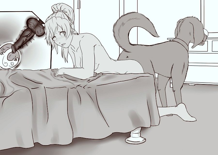 девушка в классической позе собачьего секса со своим псом, рисунок секса женщин с тентаклями и животными